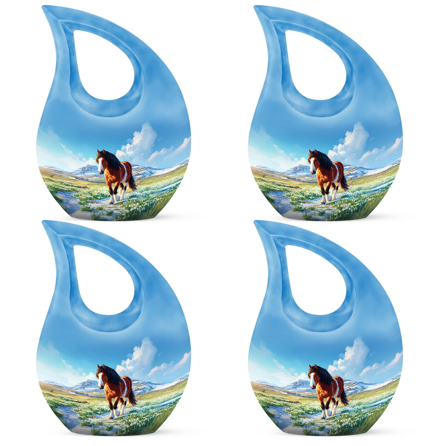 Calming Blue Horse Cremation Urn lifestyle display on memorial shelf - faith-inspired cross-drop urn with horse pattern - 10 inch aluminum urn for cremated remains