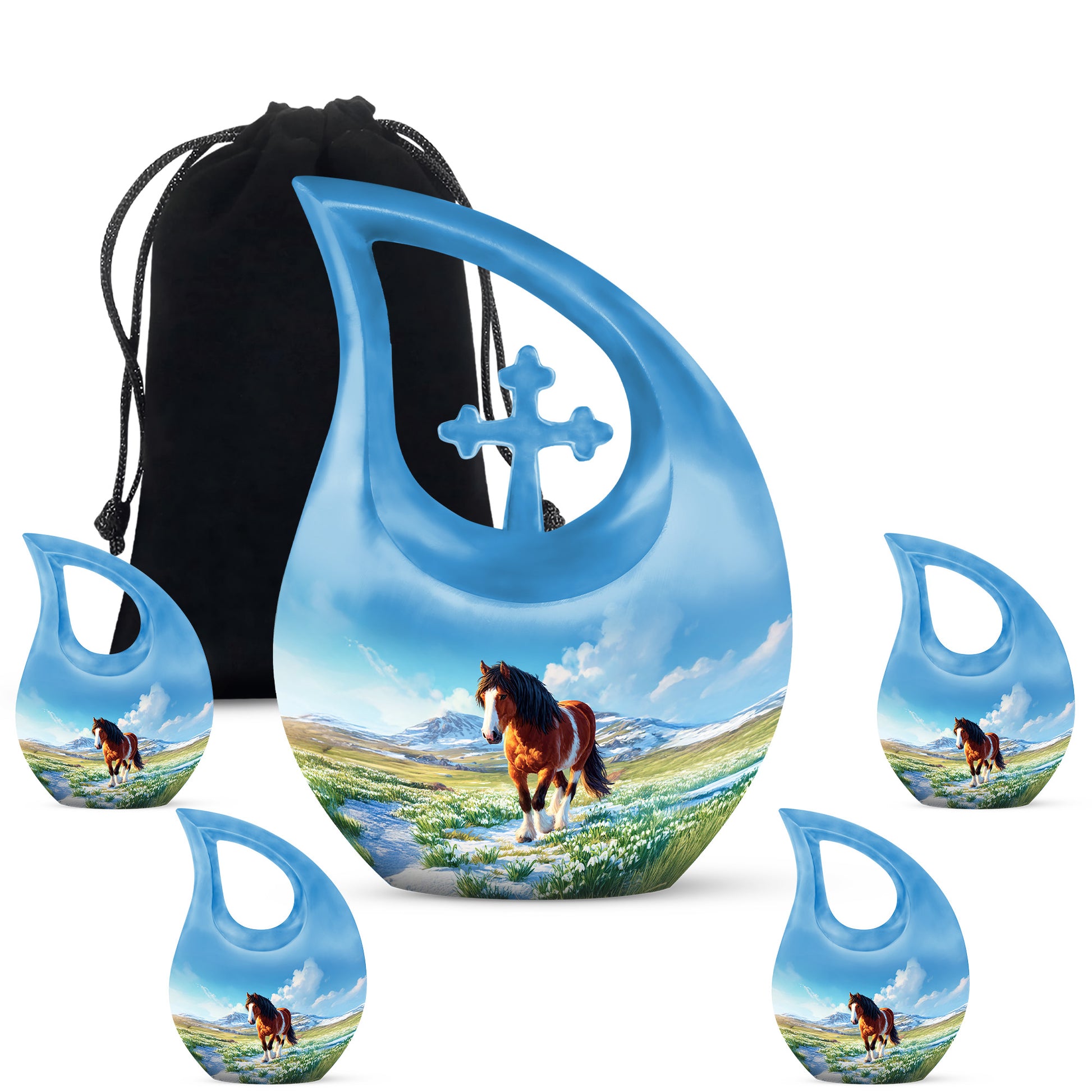 Icy Blue Horse Cremation Urn urn with complimentary velvet bag - cross and horse combined in spiritual memorial design - memorial set with one large and four small urns