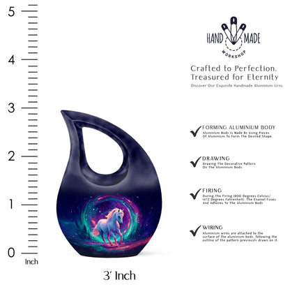 Navy Blue Horse Cremation Urn back view with polished surface - cross and horse combined in spiritual memorial design - mini keepsake memorial for portion of cremation ashes