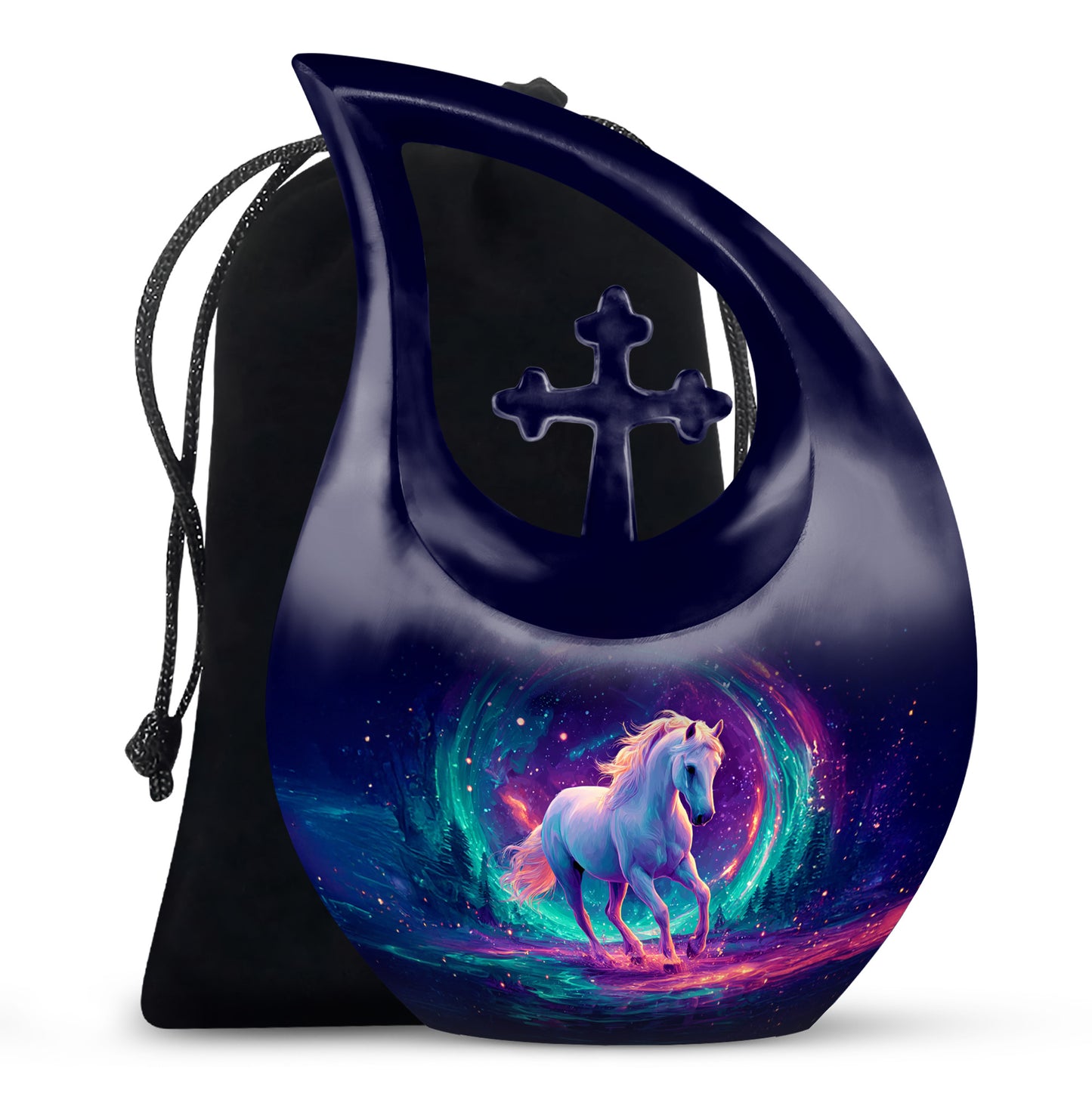 Royal Blue Horse Cremation Urn top-down view of secure threaded lid - faith-inspired cross-drop urn with horse pattern - full-size 10 inch 200 cubic inch adult cremation urn