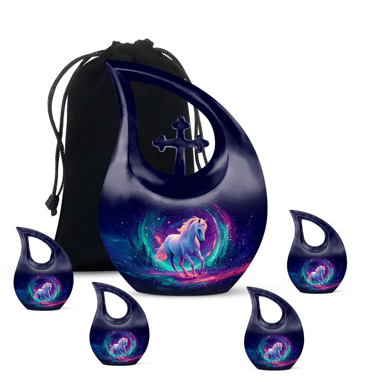 Misty Blue Horse Cremation Urn urn with complimentary velvet bag - sacred cross merged with horse motif on metal - memorial set with one large and four small urns