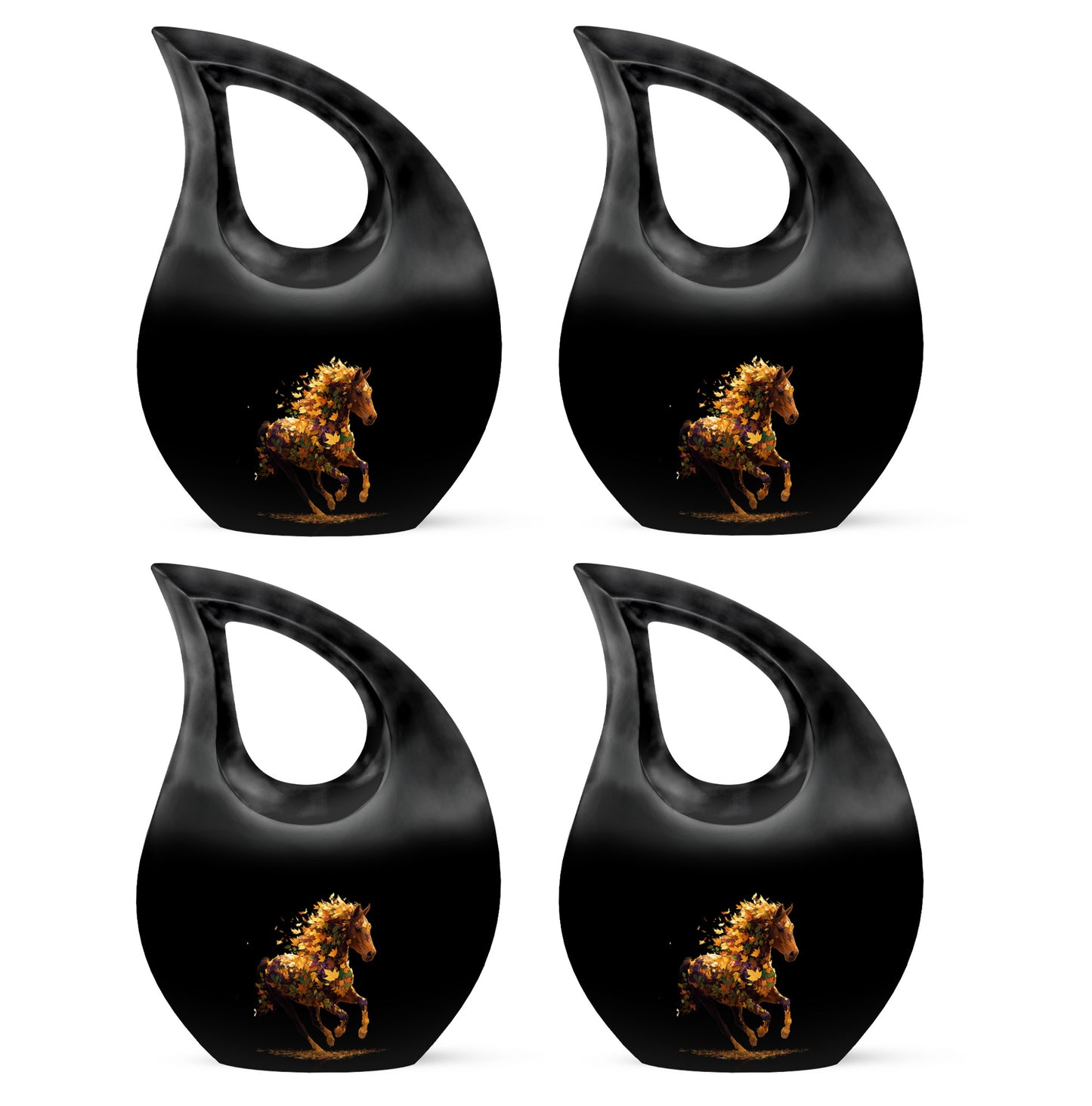 Onyx Black Horse Cremation Urn lifestyle display on memorial shelf - devotional cross-drop horse engraving - 10 inch aluminum urn for cremated remains