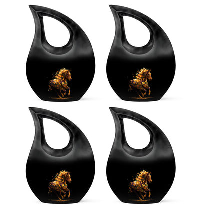 Onyx Black Horse Cremation Urn lifestyle display on memorial shelf - devotional cross-drop horse engraving - 10 inch aluminum urn for cremated remains
