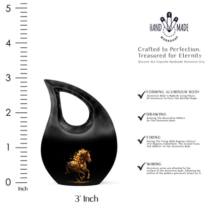 Dark Black Horse Cremation Urn back view with polished surface - devotional cross-drop horse engraving - mini keepsake memorial for portion of cremation ashes