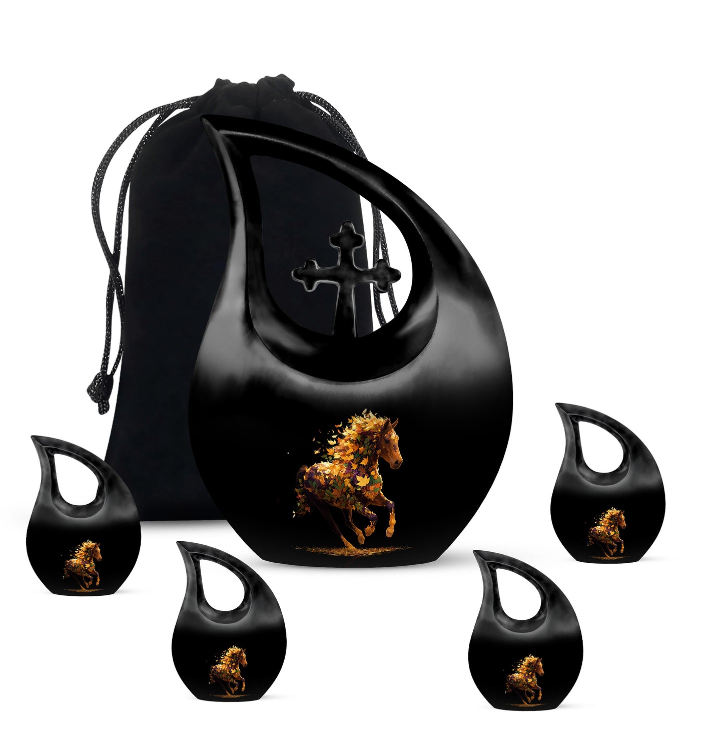 Glossy Black Horse Cremation Urn urn with complimentary velvet bag - sacred cross merged with horse motif on metal - memorial set with one large and four small urns