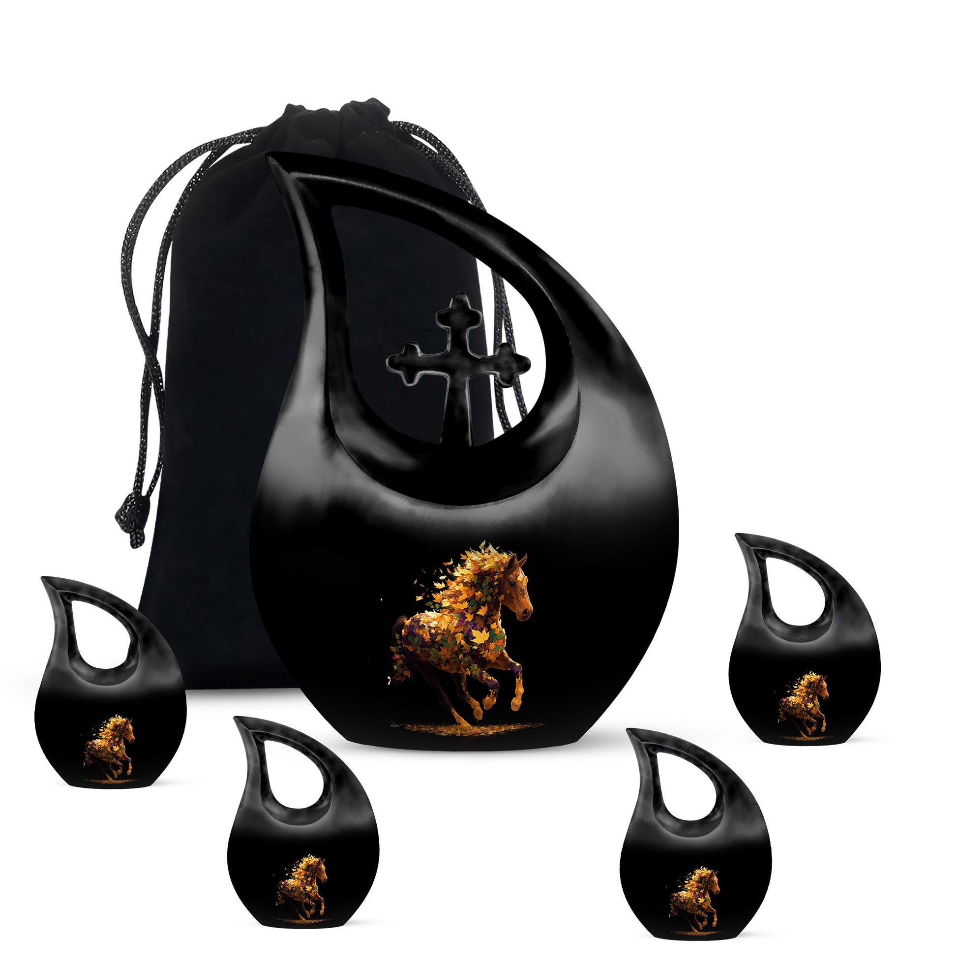 Glossy Black Horse Cremation Urn urn with complimentary velvet bag - sacred cross merged with horse motif on metal - memorial set with one large and four small urns