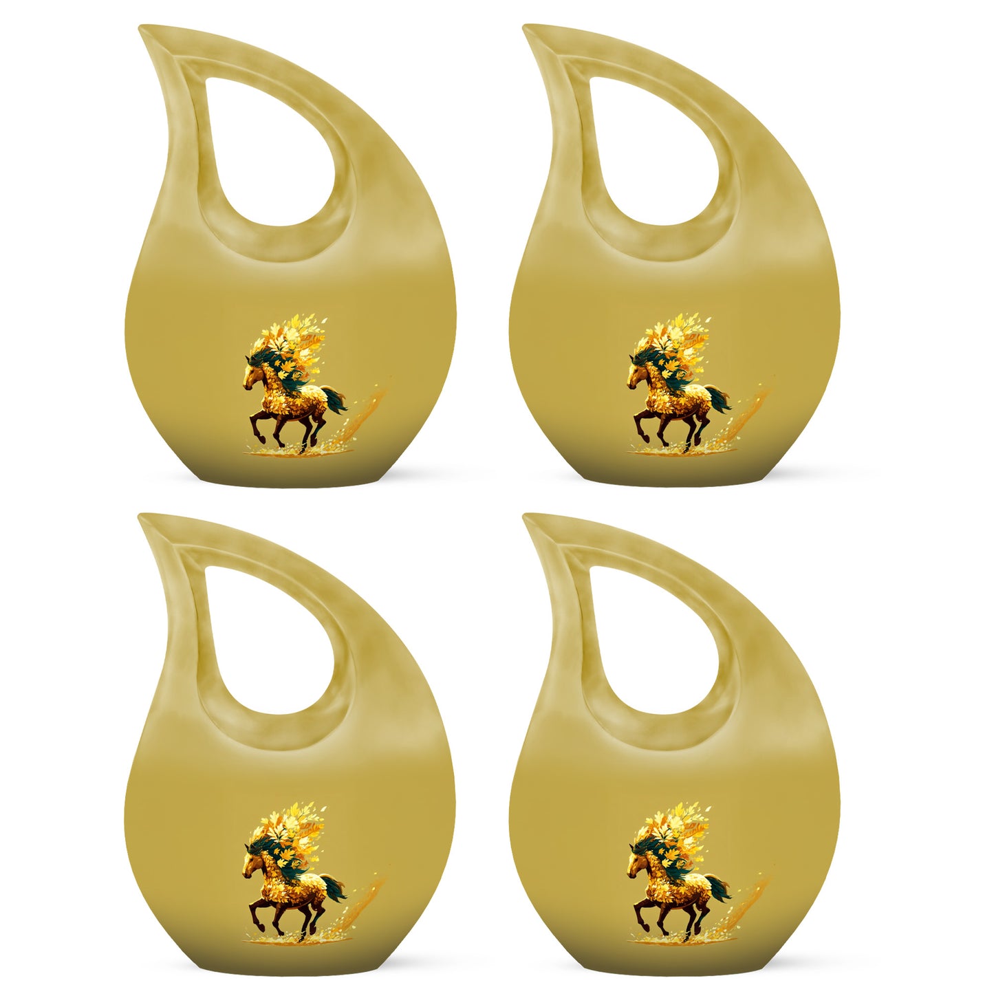 Amber Gold Horse Cremation Urn lifestyle display on memorial shelf - cross and horse combined in spiritual memorial design - 10 inch aluminum urn for cremated remains
