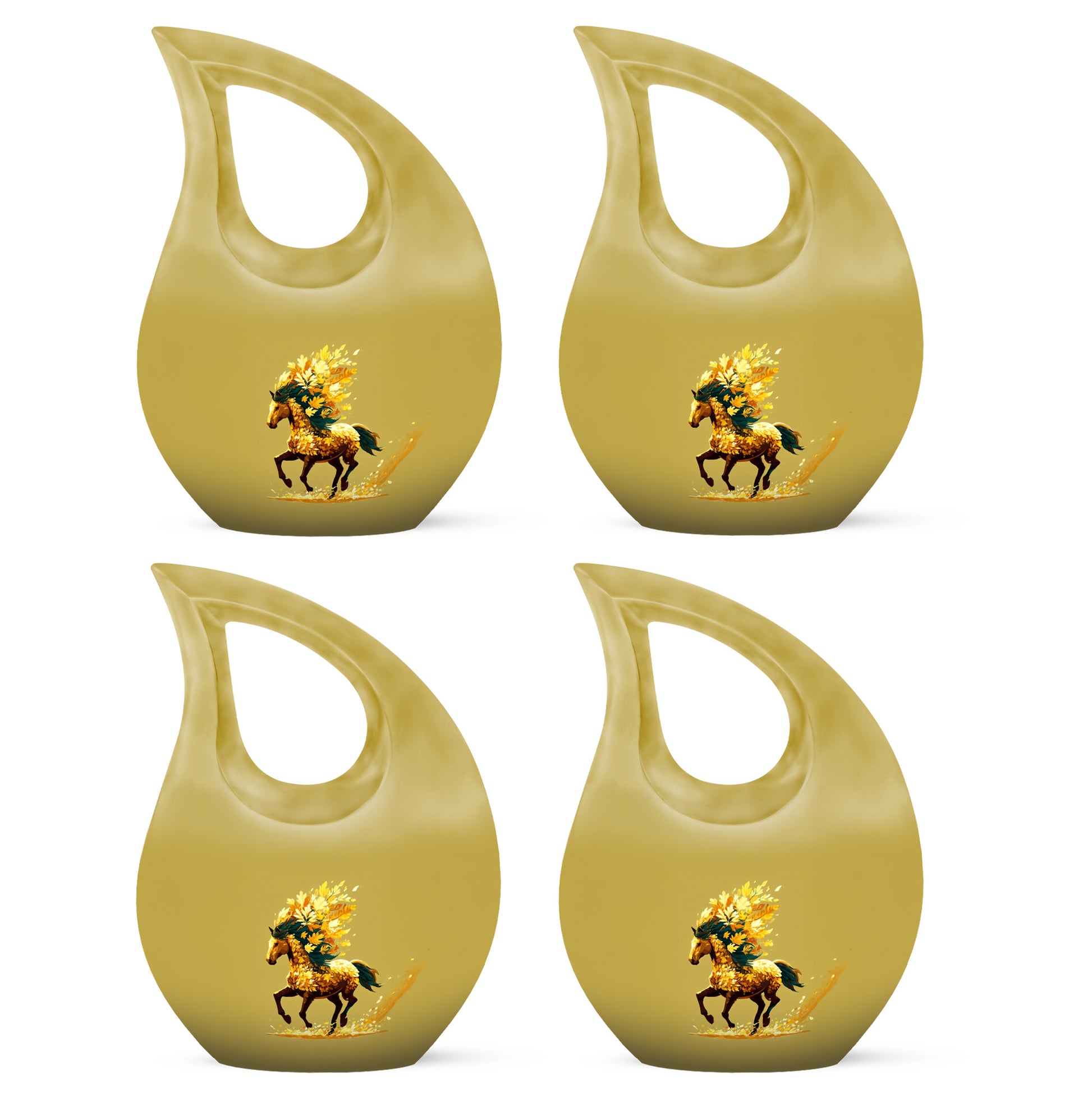 Amber Gold Horse Cremation Urn lifestyle display on memorial shelf - cross and horse combined in spiritual memorial design - 10 inch aluminum urn for cremated remains