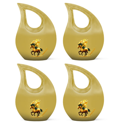 Amber Gold Horse Cremation Urn lifestyle display on memorial shelf - cross and horse combined in spiritual memorial design - 10 inch aluminum urn for cremated remains