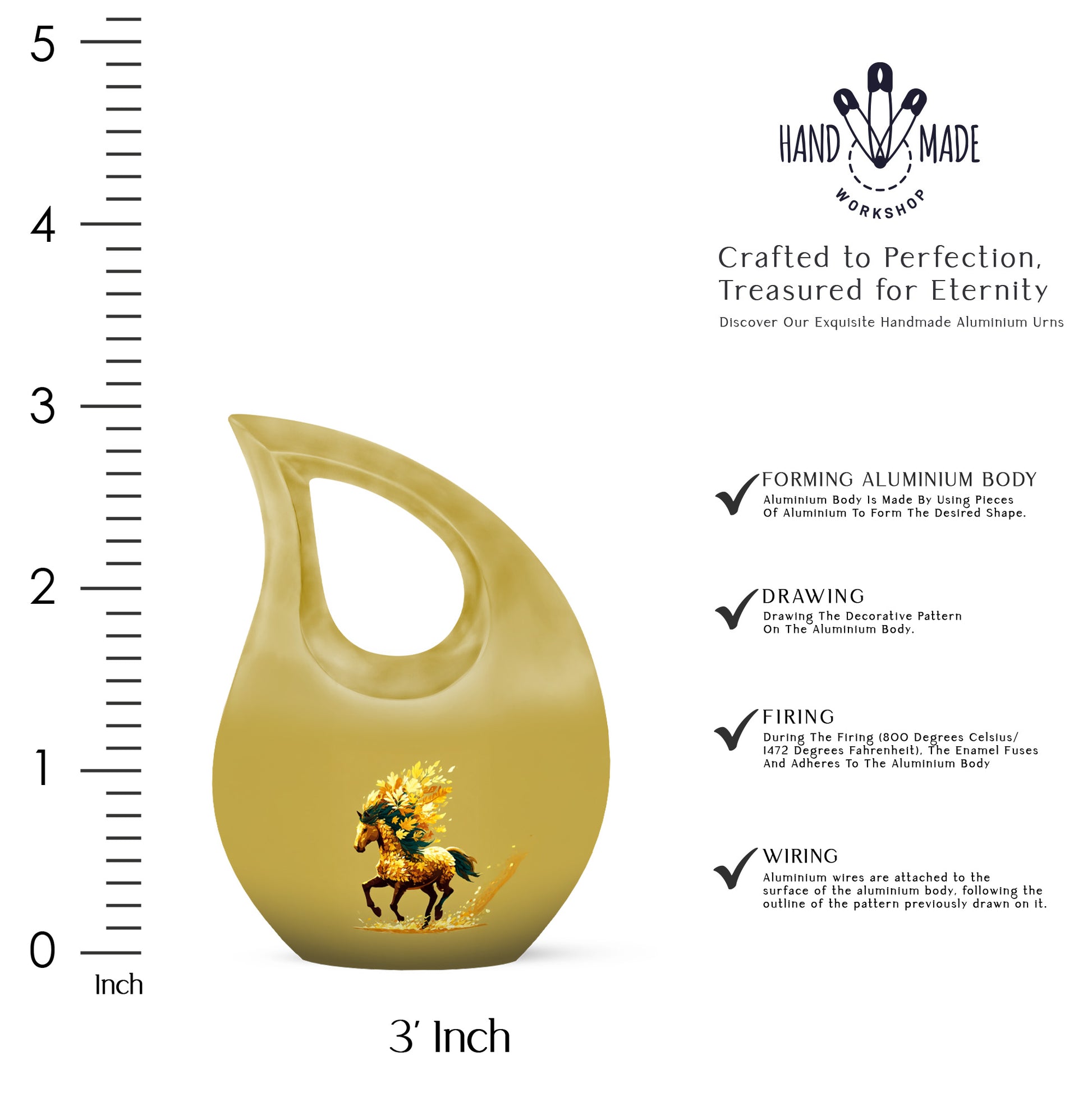 Matte Gold Horse Cremation Urn back view with polished surface - faith-inspired cross-drop urn with horse pattern - mini keepsake memorial for portion of cremation ashes