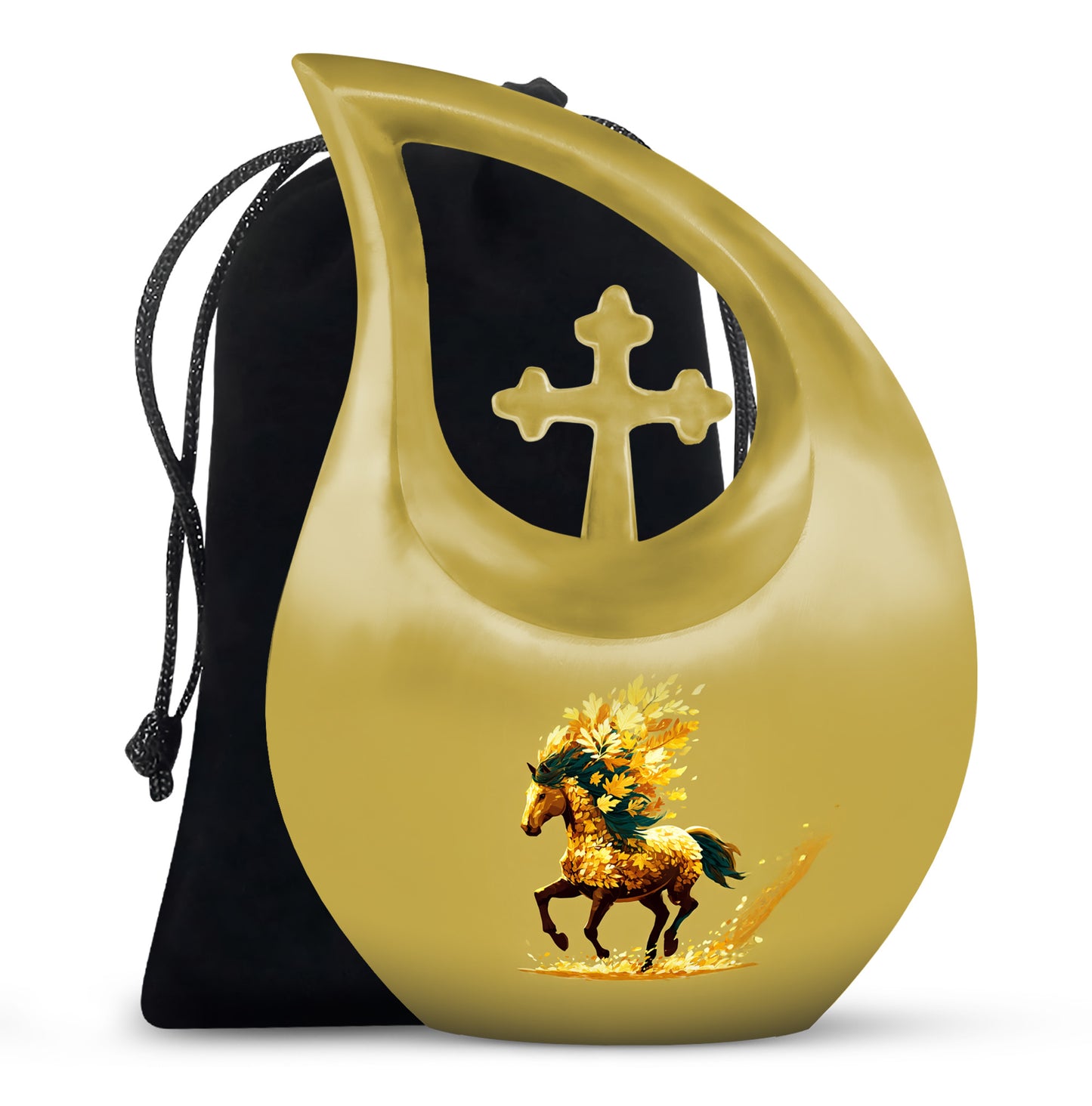 Burnished Gold Horse Cremation Urn top-down view of secure threaded lid - faith-inspired cross-drop urn with horse pattern - full-size 10 inch 200 cubic inch adult cremation urn