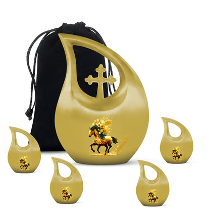 Harvest Gold Horse Cremation Urn urn with complimentary velvet bag - devotional cross-drop horse engraving - memorial set with one large and four small urns