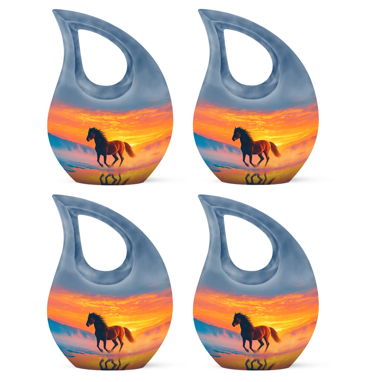 Misty Blue Horse Cremation Urn lifestyle display on memorial shelf - sacred cross merged with horse motif on metal - 10 inch aluminum urn for cremated remains