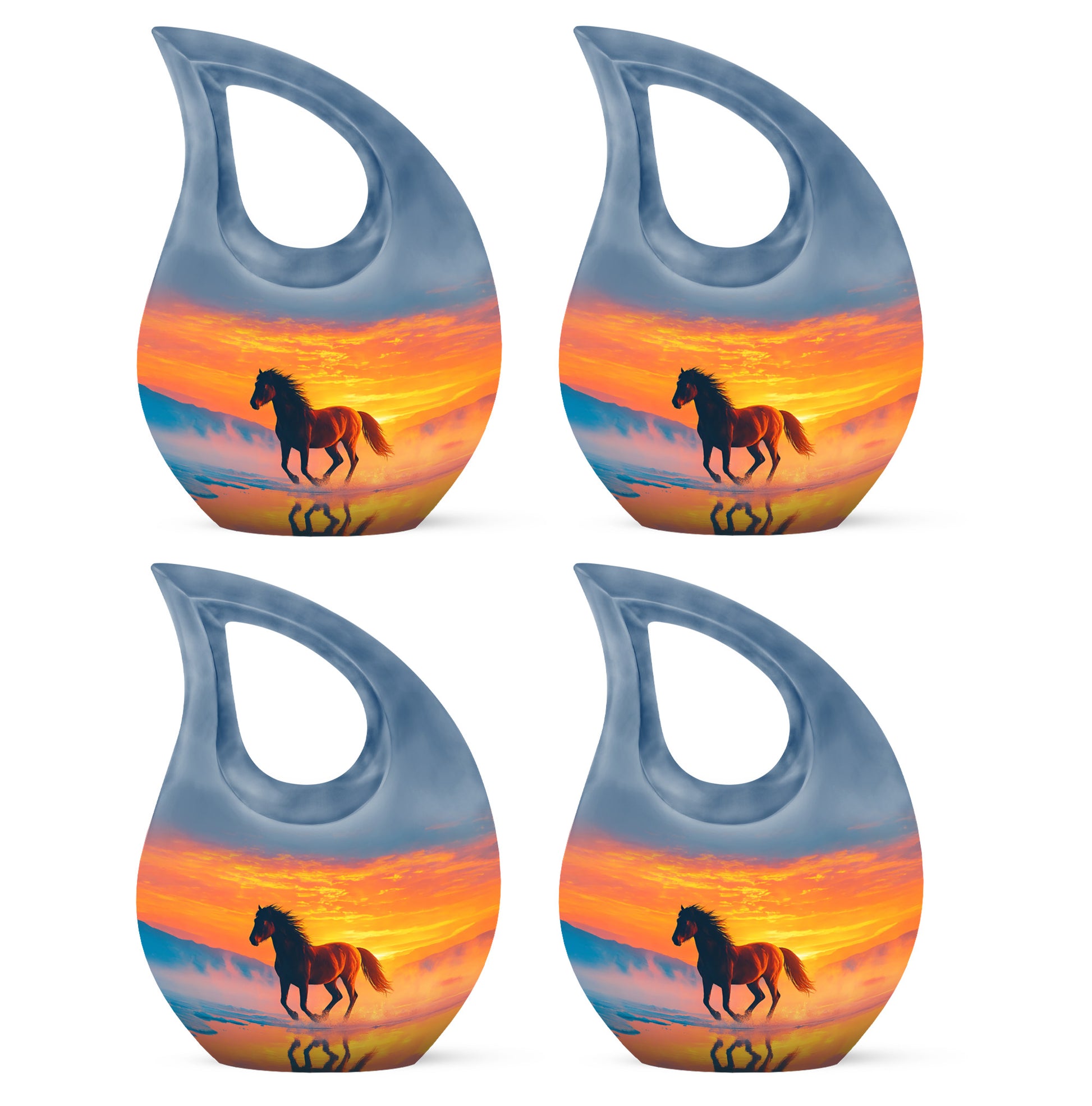 Misty Blue Horse Cremation Urn lifestyle display on memorial shelf - sacred cross merged with horse motif on metal - 10 inch aluminum urn for cremated remains