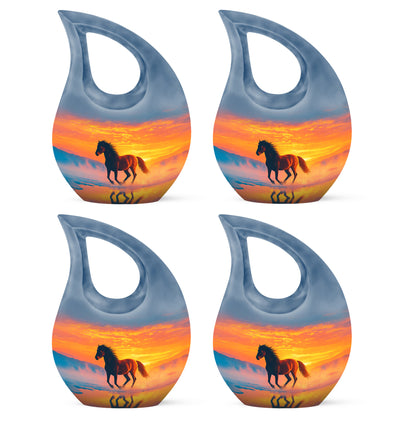 Misty Blue Horse Cremation Urn lifestyle display on memorial shelf - sacred cross merged with horse motif on metal - 10 inch aluminum urn for cremated remains