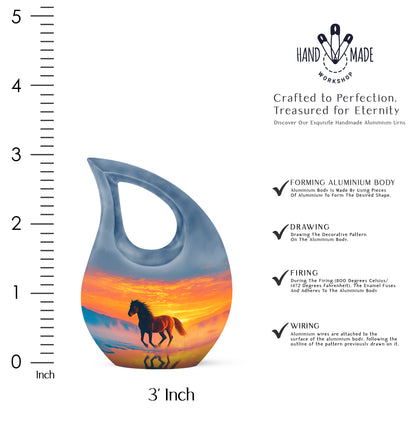 Soft Blue Horse Cremation Urn back view with polished surface - faith-inspired cross-drop urn with horse pattern - mini keepsake memorial for portion of cremation ashes