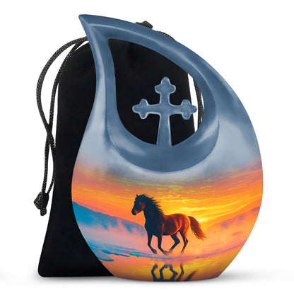 Twilight Blue Horse Cremation Urn top-down view of secure threaded lid - faith-inspired cross-drop urn with horse pattern - full-size 10 inch 200 cubic inch adult cremation urn