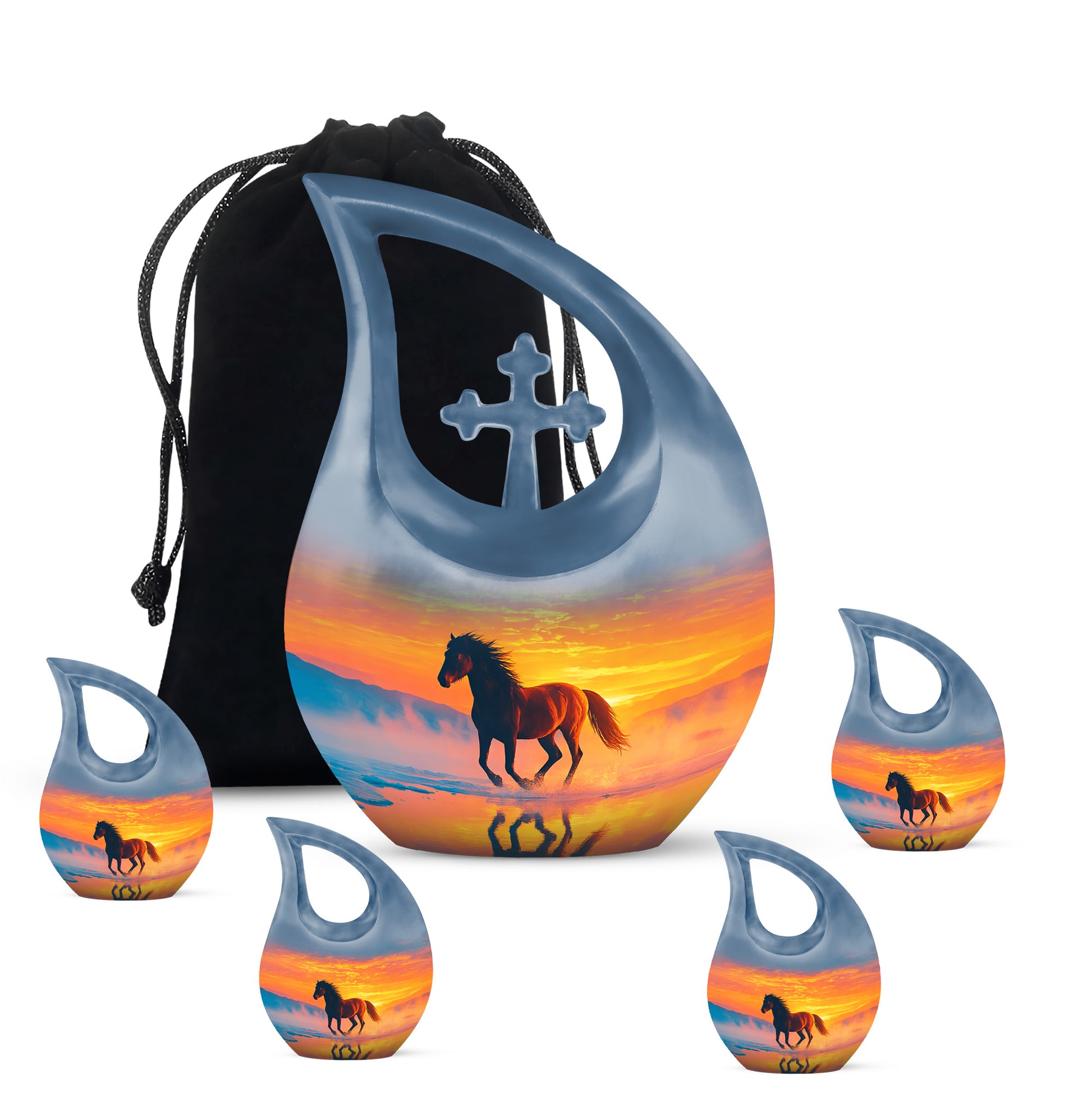Indigo Horse Cremation Urn urn with complimentary velvet bag - sacred cross merged with horse motif on metal - memorial set with one large and four small urns