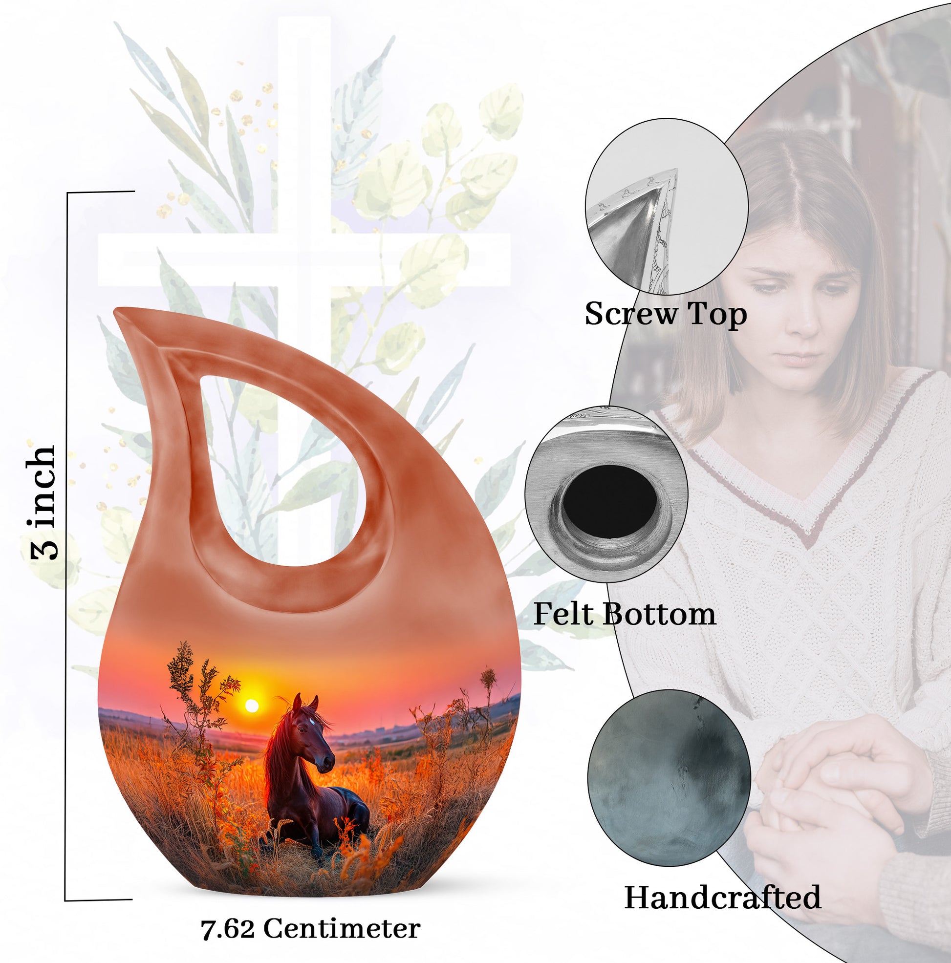 Fiery Red Horse Cremation Urn back view with polished surface - faith-inspired cross-drop urn with horse pattern - mini keepsake memorial for portion of cremation ashes