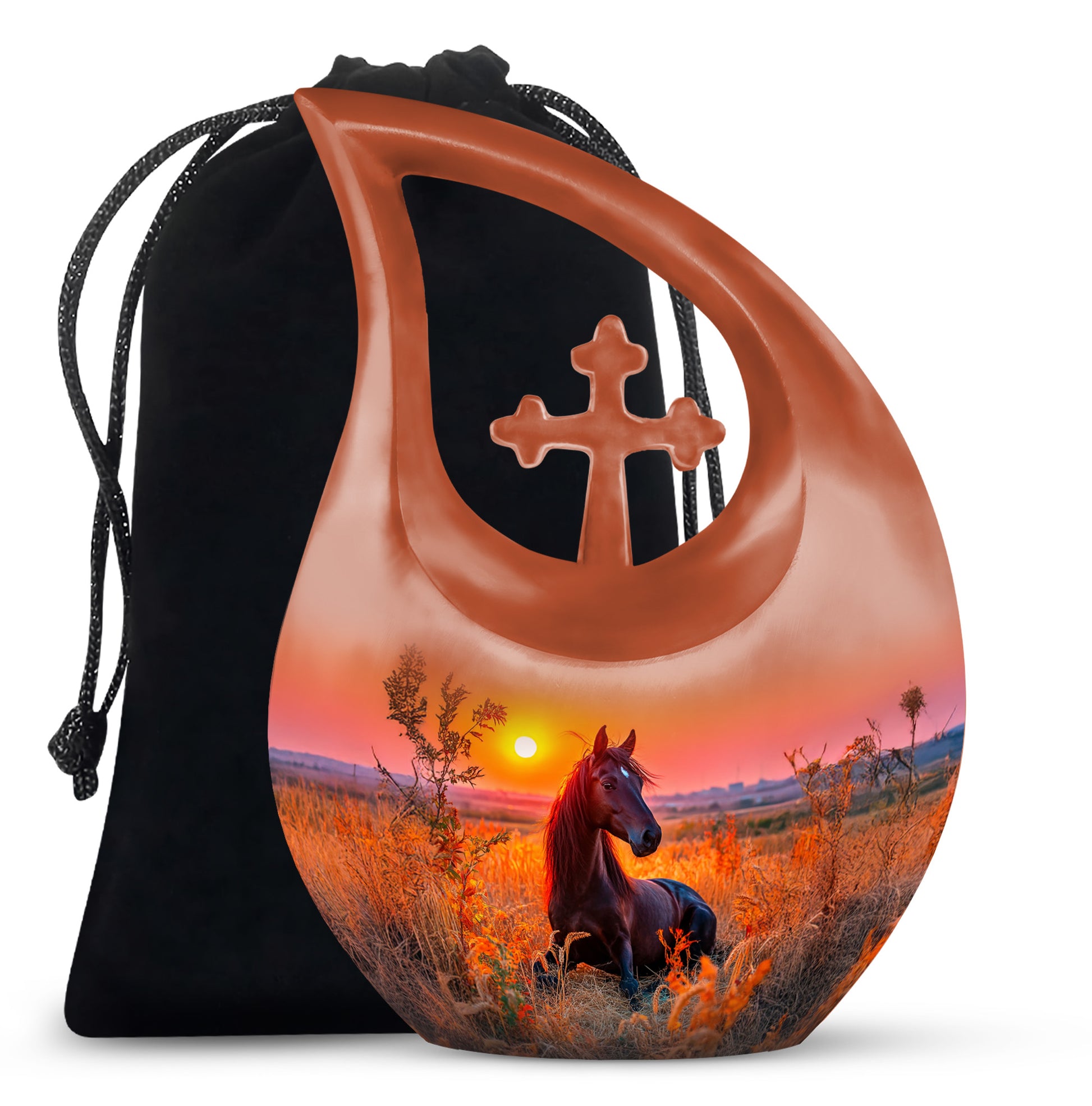 Cherry Red Horse Cremation Urn top-down view of secure threaded lid - devotional cross-drop horse engraving - full-size 10 inch 200 cubic inch adult cremation urn