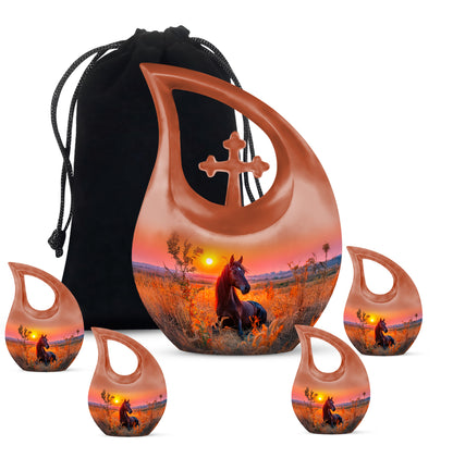 Wine Red Horse Cremation Urn urn with complimentary velvet bag - sacred cross merged with horse motif on metal - memorial set with one large and four small urns