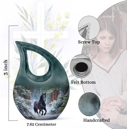 Navy Blue Horse Cremation Urn back view with polished surface - cross and horse combined in spiritual memorial design - mini keepsake memorial for portion of cremation ashes