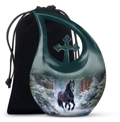Steel Blue Horse Cremation Urn top-down view of secure threaded lid - faith-inspired cross-drop urn with horse pattern - full-size 10 inch 200 cubic inch adult cremation urn