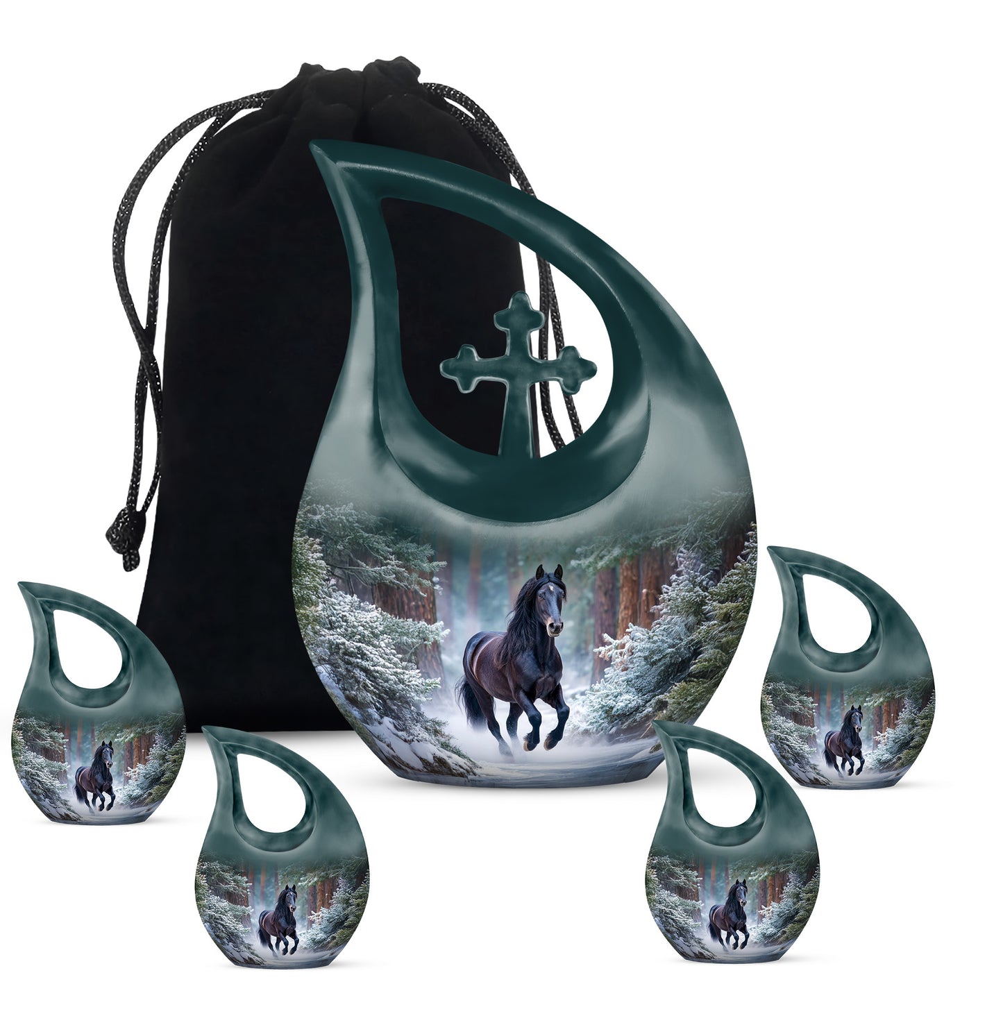 Azure Horse Cremation Urn urn with complimentary velvet bag - sacred cross merged with horse motif on metal - memorial set with one large and four small urns