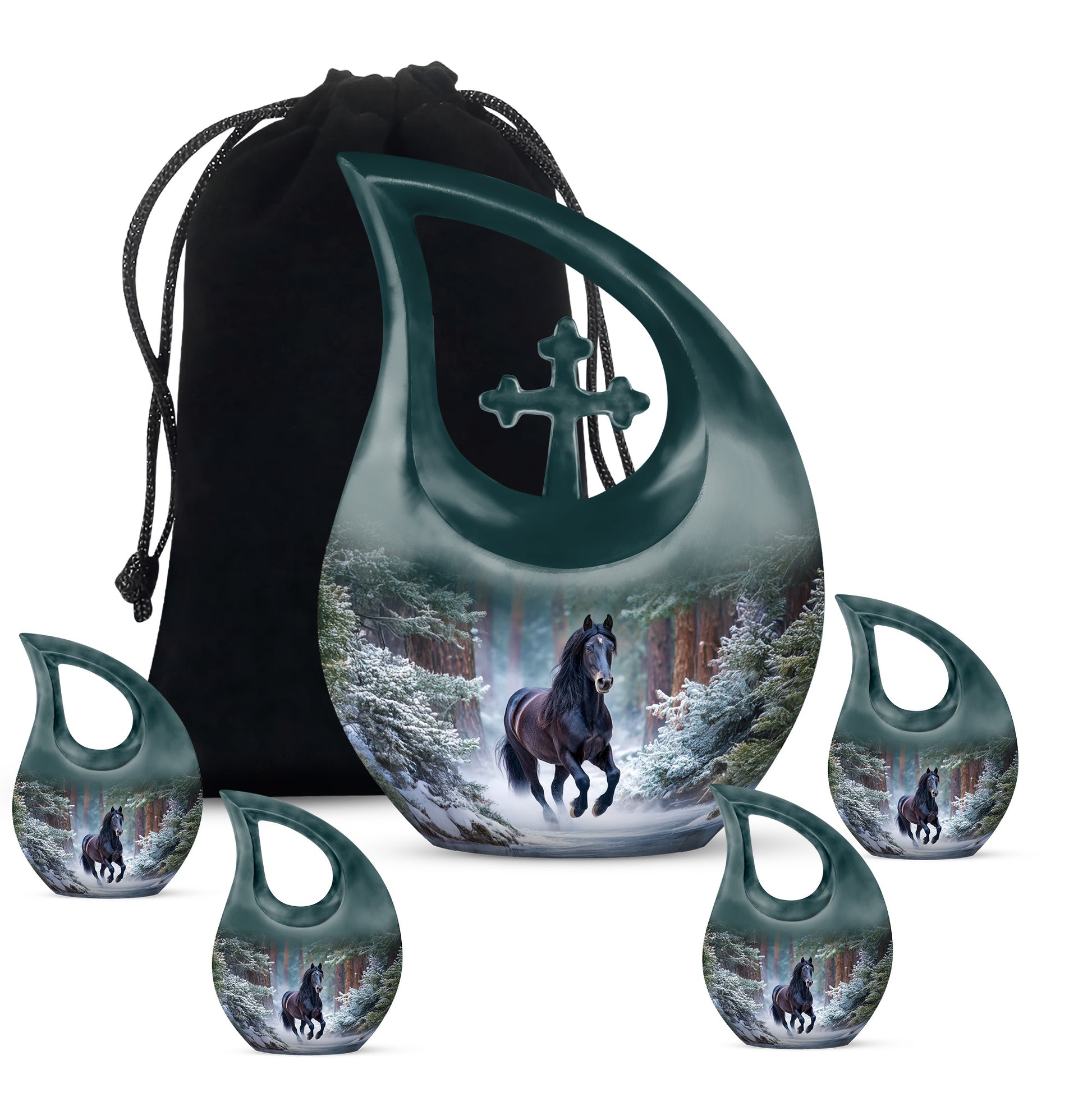 Azure Horse Cremation Urn urn with complimentary velvet bag - sacred cross merged with horse motif on metal - memorial set with one large and four small urns
