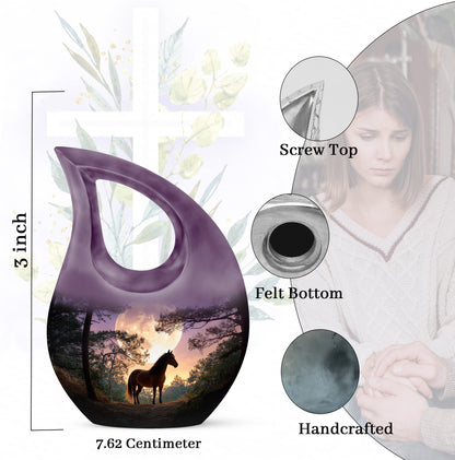 Sky Blue Horse Cremation Urn back view with polished surface - cross and horse combined in spiritual memorial design - mini keepsake memorial for portion of cremation ashes