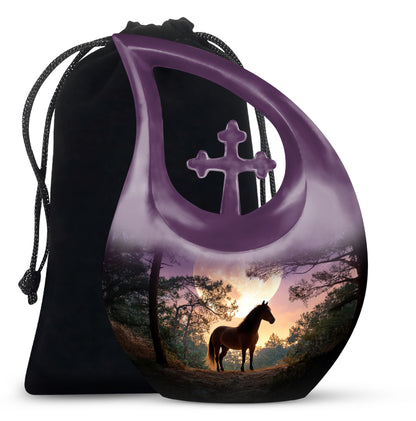 Serene Blue Horse Cremation Urn top-down view of secure threaded lid - faith-inspired cross-drop urn with horse pattern - full-size 10 inch 200 cubic inch adult cremation urn