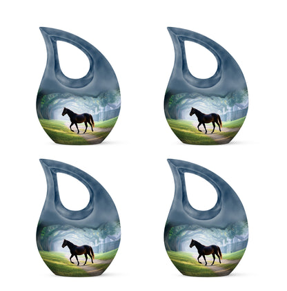 Jewel Teal Horse Cremation Urn lifestyle display on memorial shelf - cross and horse combined in spiritual memorial design - 10 inch aluminum urn for cremated remains