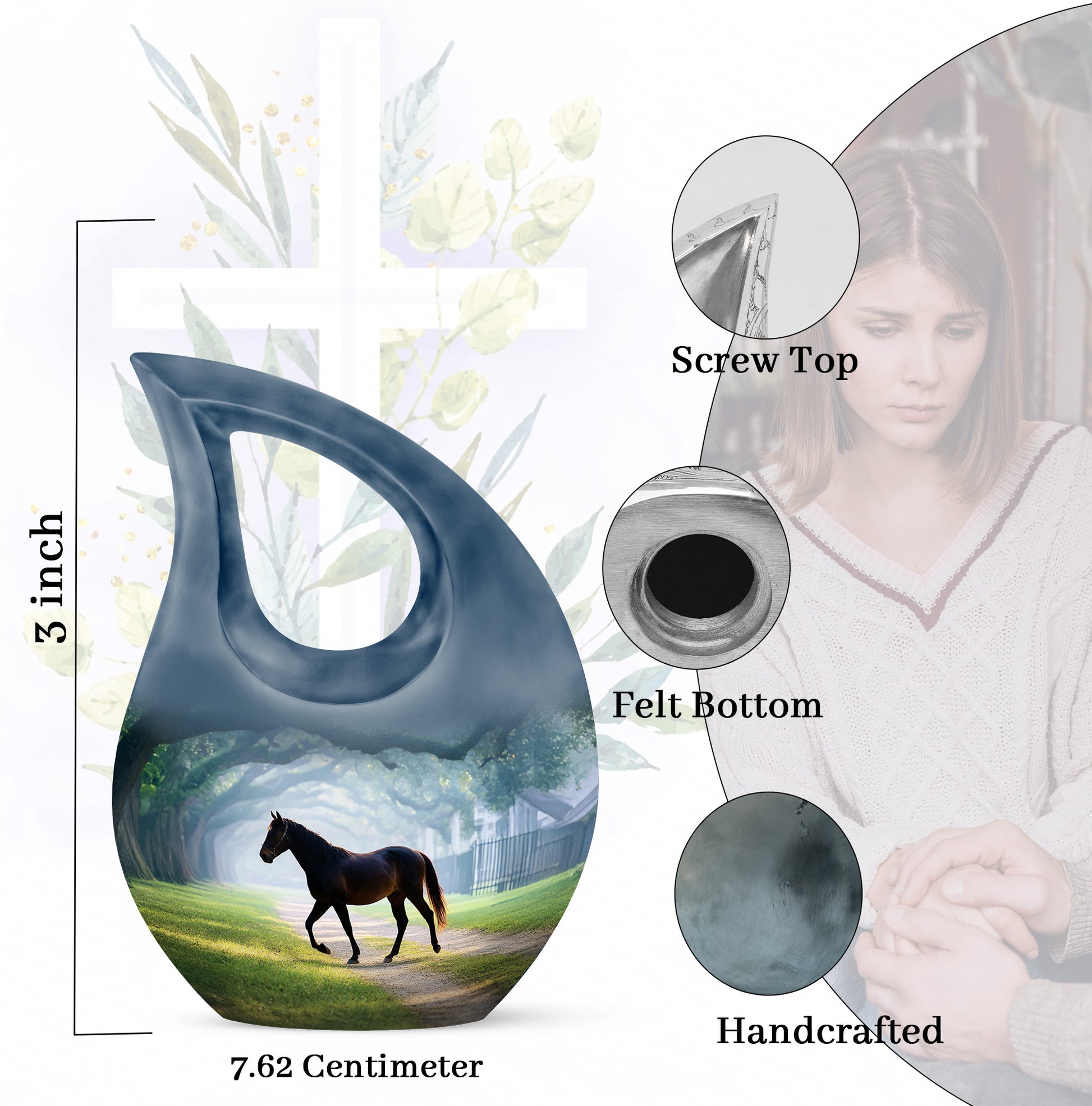 Cool Teal Horse Cremation Urn back view with polished surface - sacred cross merged with horse motif on metal - mini keepsake memorial for portion of cremation ashes