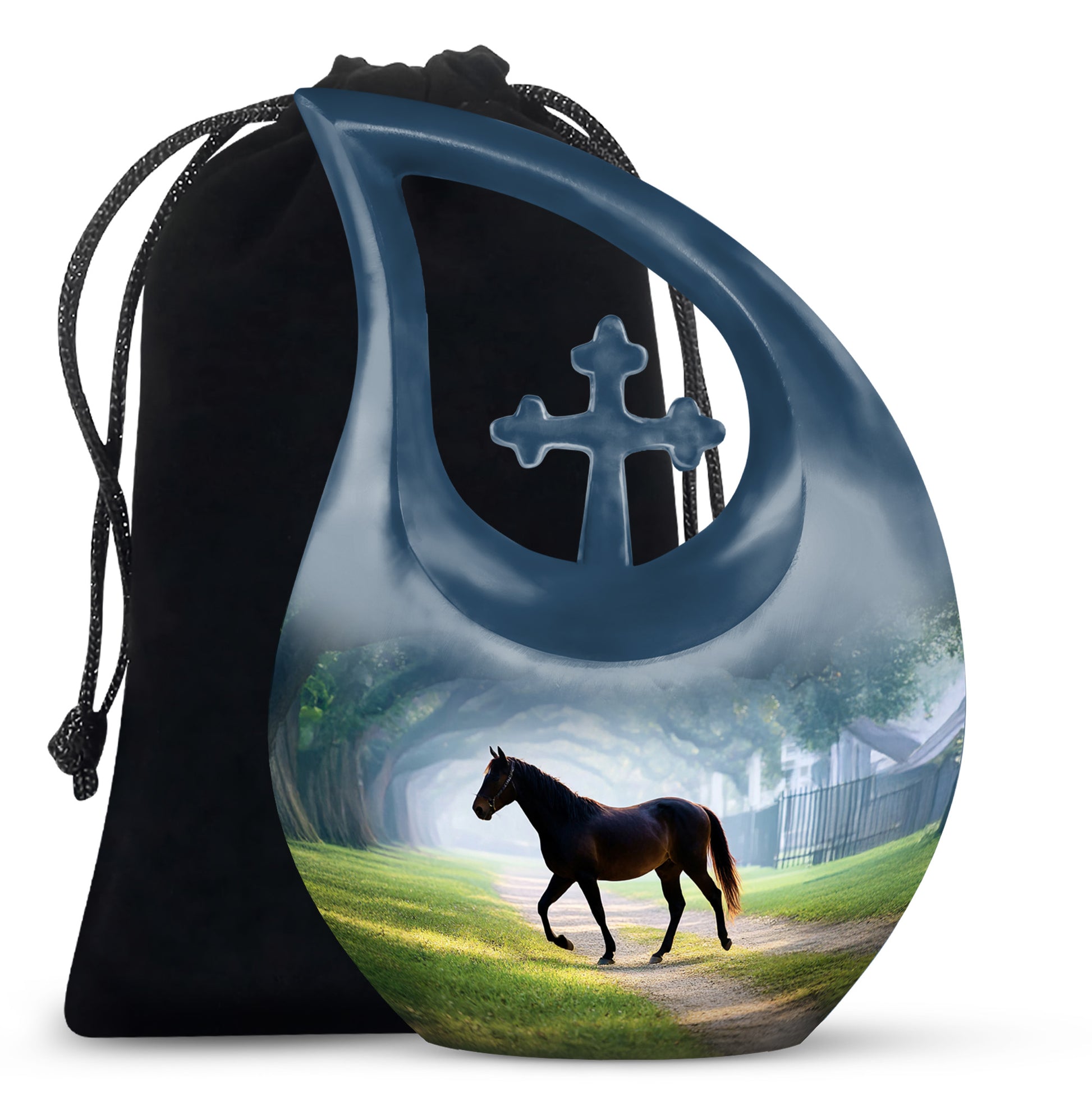 Mystic Teal Horse Cremation Urn top-down view of secure threaded lid - faith-inspired cross-drop urn with horse pattern - full-size 10 inch 200 cubic inch adult cremation urn