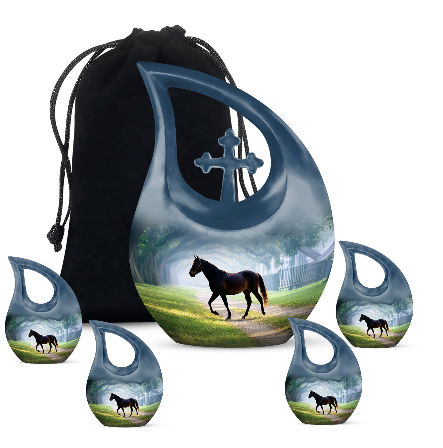 Deep Teal Horse Cremation Urn urn with complimentary velvet bag - devotional cross-drop horse engraving - memorial set with one large and four small urns