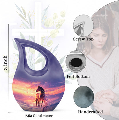 Sky Blue Horse Cremation Urn back view with polished surface - cross and horse combined in spiritual memorial design - mini keepsake memorial for portion of cremation ashes