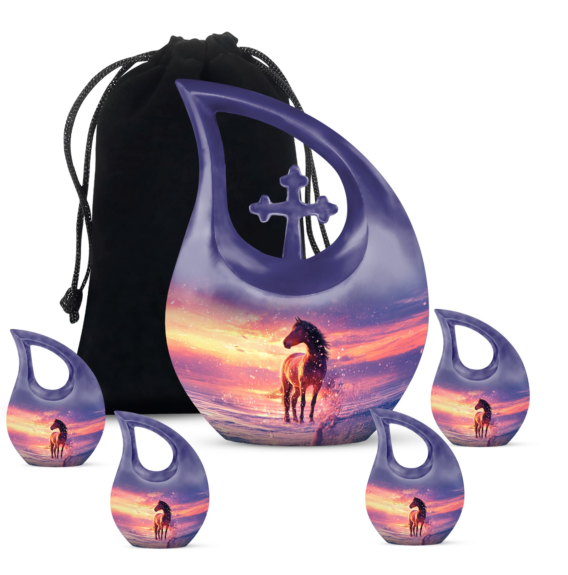 Serene Blue Horse Cremation Urn urn with complimentary velvet bag - devotional cross-drop horse engraving - memorial set with one large and four small urns