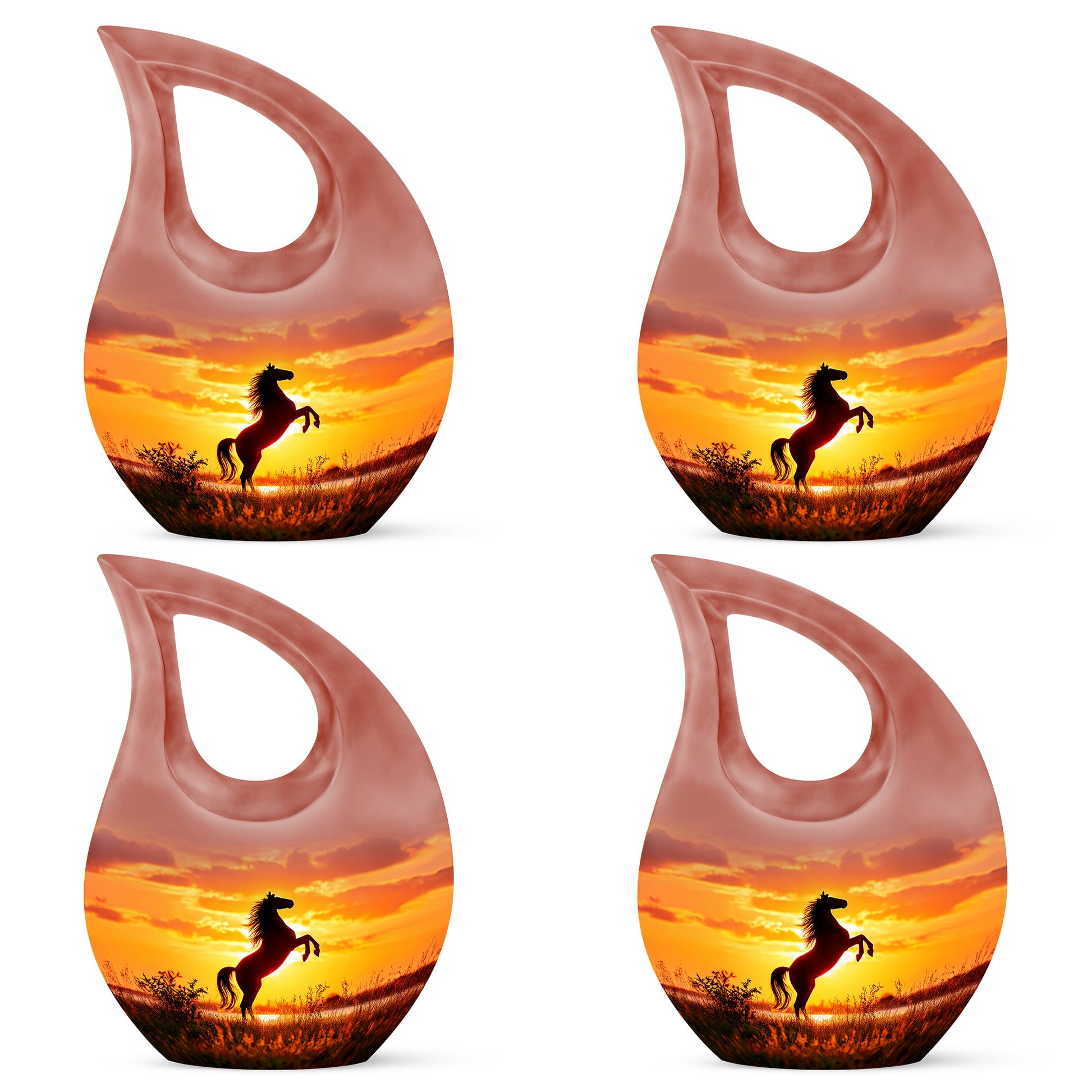 Burgundy Red Horse Cremation Urn lifestyle display on memorial shelf - sacred cross merged with horse motif on metal - 10 inch aluminum urn for cremated remains