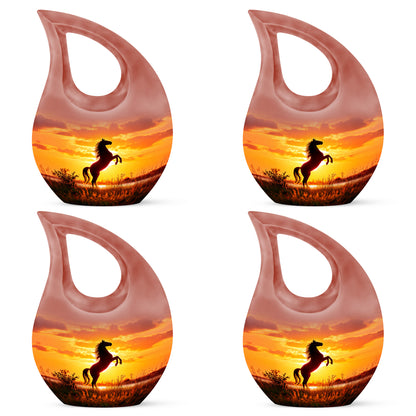 Burgundy Red Horse Cremation Urn lifestyle display on memorial shelf - sacred cross merged with horse motif on metal - 10 inch aluminum urn for cremated remains