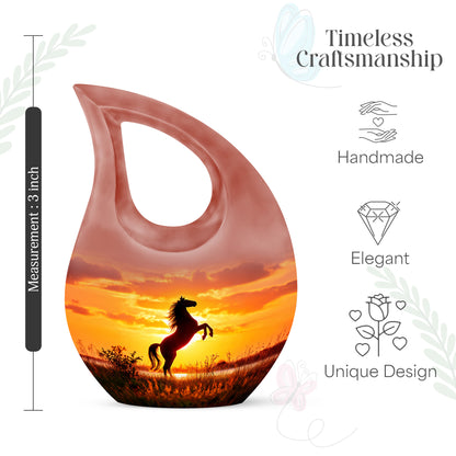 Cherry Red Horse Cremation Urn back view with polished surface - faith-inspired cross-drop urn with horse pattern - mini keepsake memorial for portion of cremation ashes