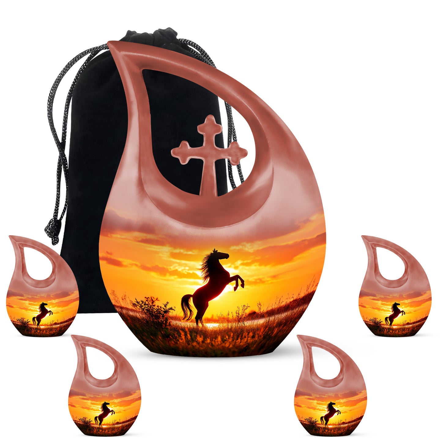 Garnet Red Horse Cremation Urn urn with complimentary velvet bag - sacred cross merged with horse motif on metal - memorial set with one large and four small urns
