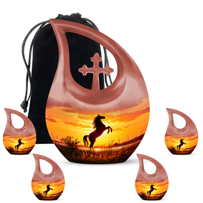 Garnet Red Horse Cremation Urn urn with complimentary velvet bag - sacred cross merged with horse motif on metal - memorial set with one large and four small urns