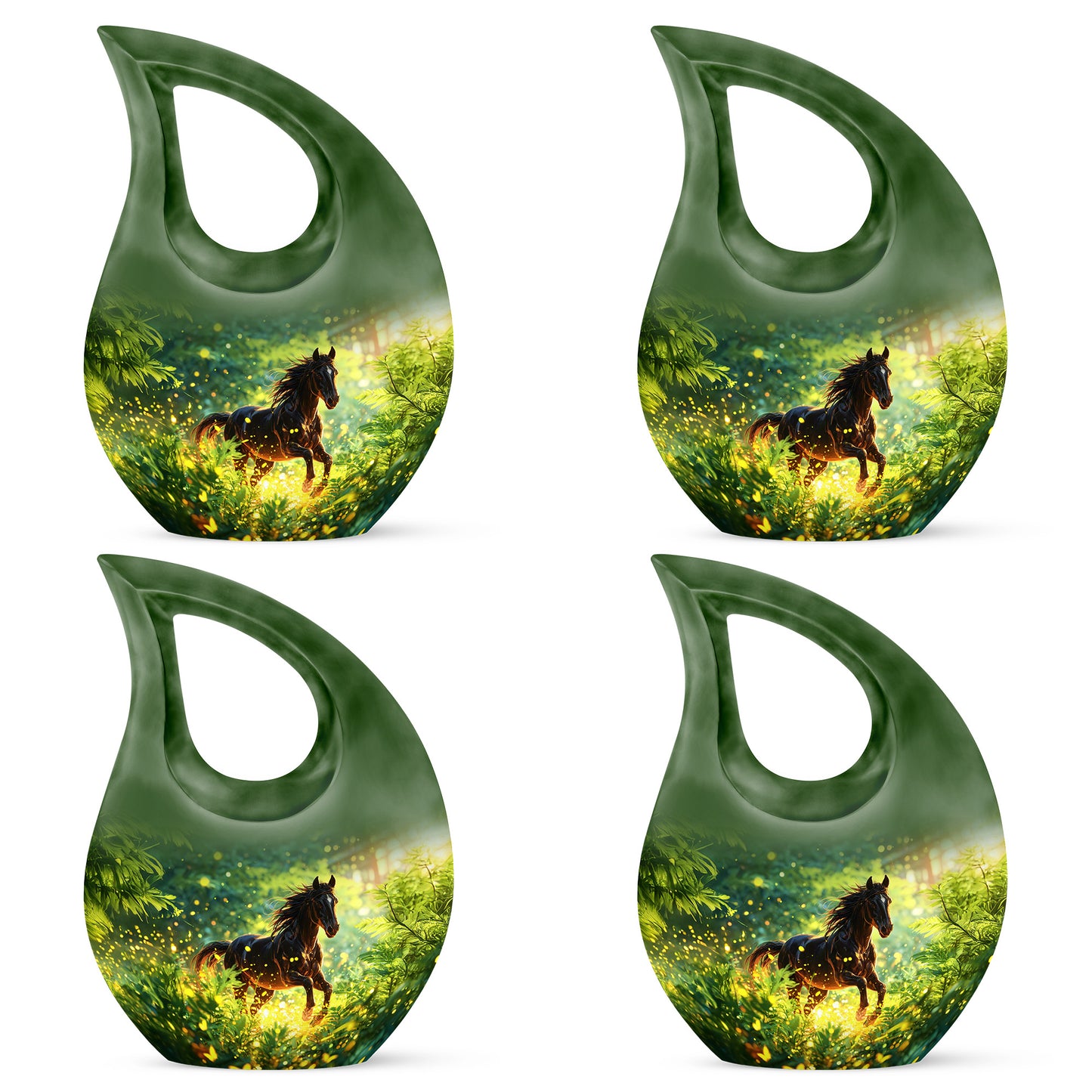 Jewel Teal Horse Cremation Urn lifestyle display on memorial shelf - sacred cross merged with horse motif on metal - 10 inch aluminum urn for cremated remains