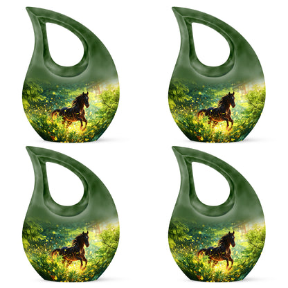 Jewel Teal Horse Cremation Urn lifestyle display on memorial shelf - sacred cross merged with horse motif on metal - 10 inch aluminum urn for cremated remains