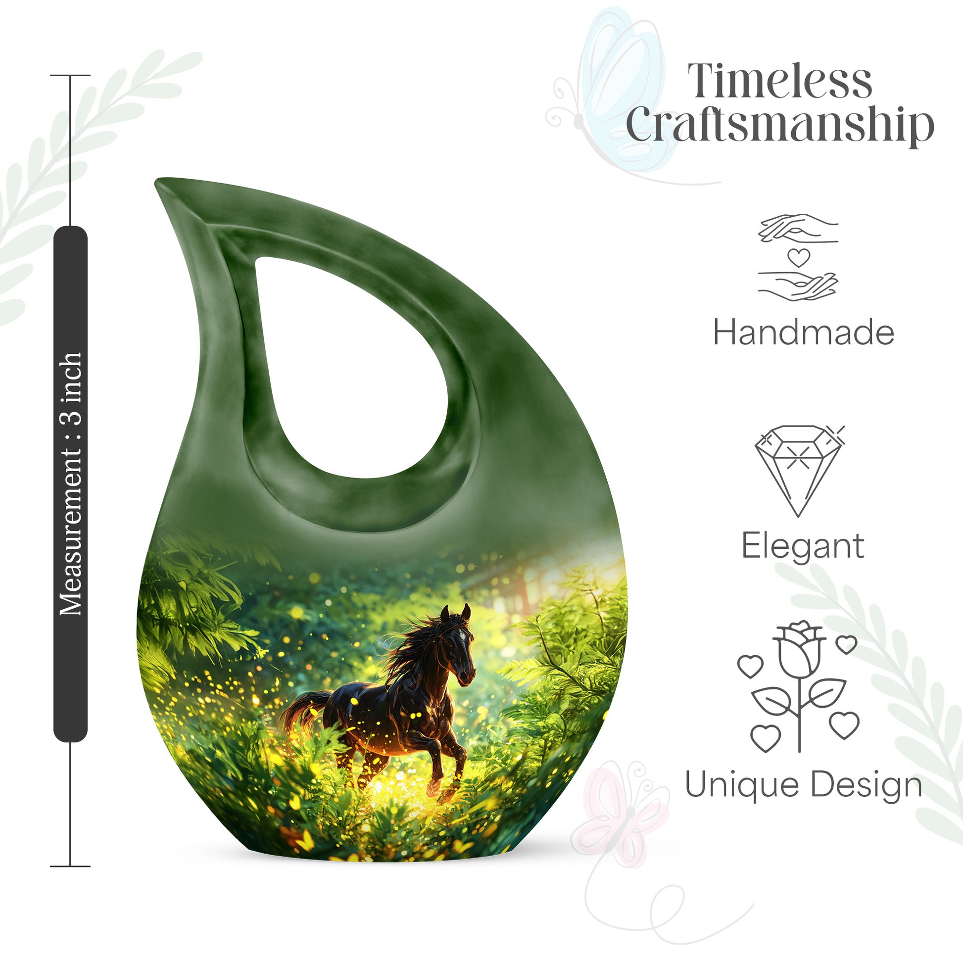 Cool Teal Horse Cremation Urn back view with polished surface - sacred cross merged with horse motif on metal - mini keepsake memorial for portion of cremation ashes