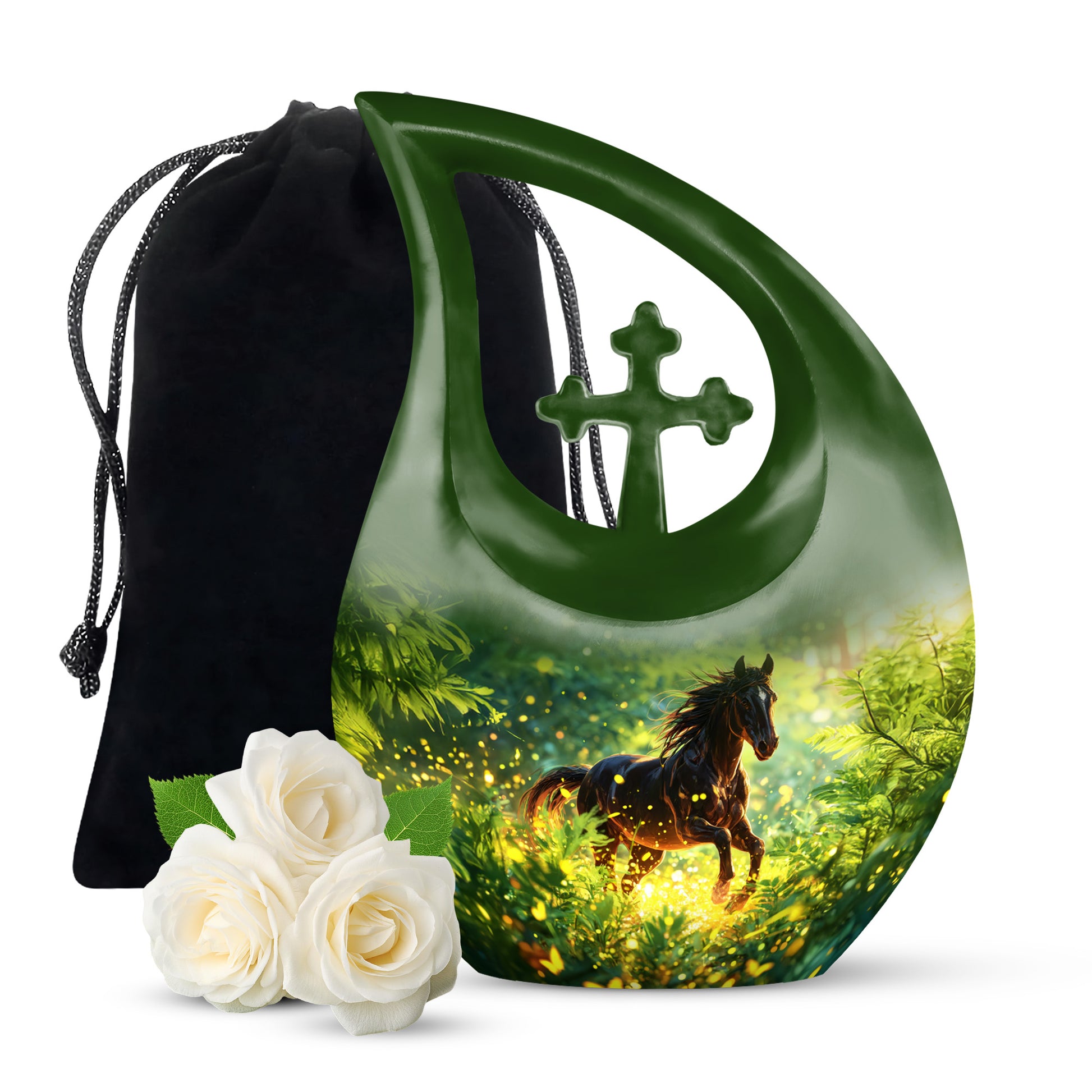 Ocean Teal Horse Cremation Urn top-down view of secure threaded lid - sacred cross merged with horse motif on metal - full-size 10 inch 200 cubic inch adult cremation urn