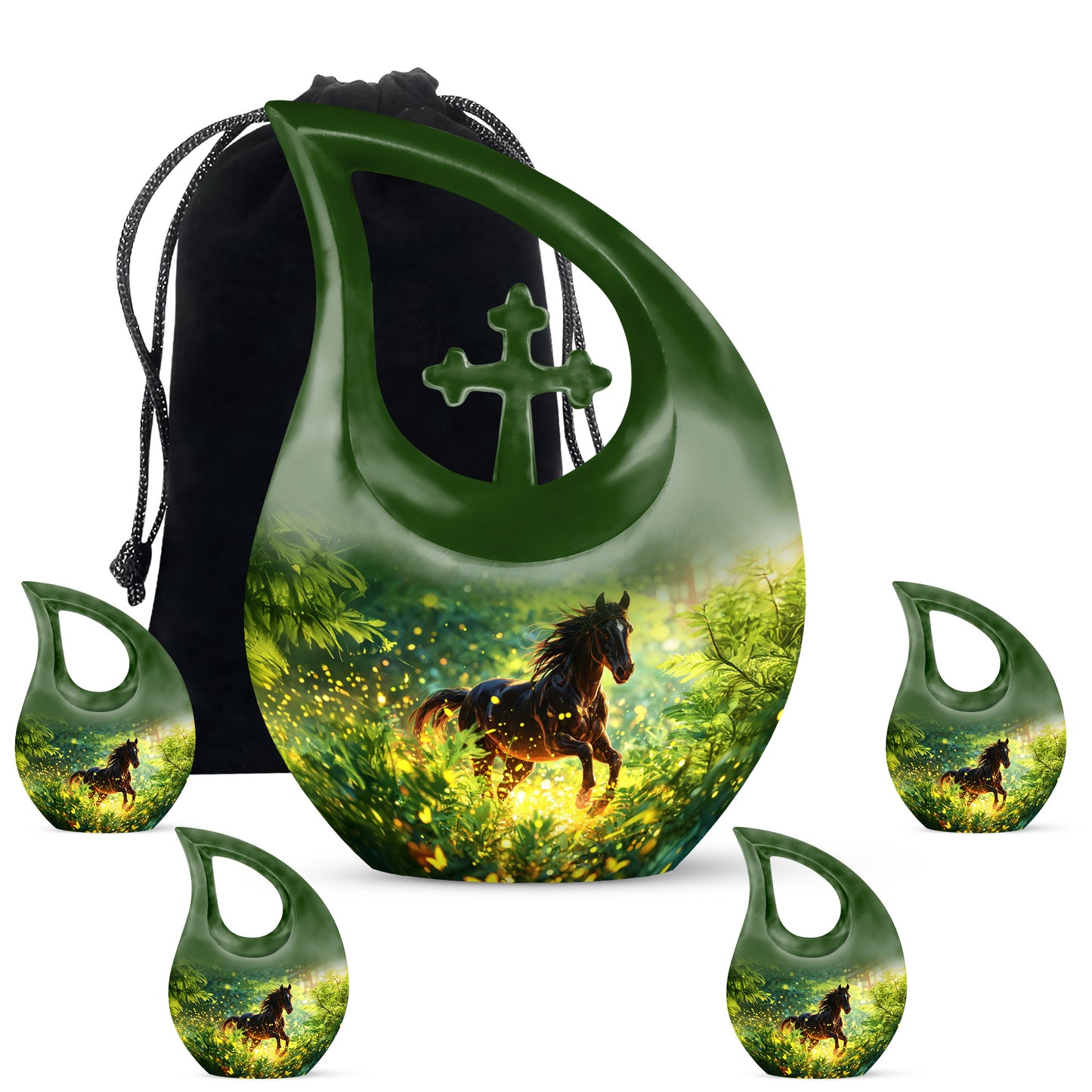 Sea Green Teal Horse Cremation Urn urn with complimentary velvet bag - cross and horse combined in spiritual memorial design - memorial set with one large and four small urns