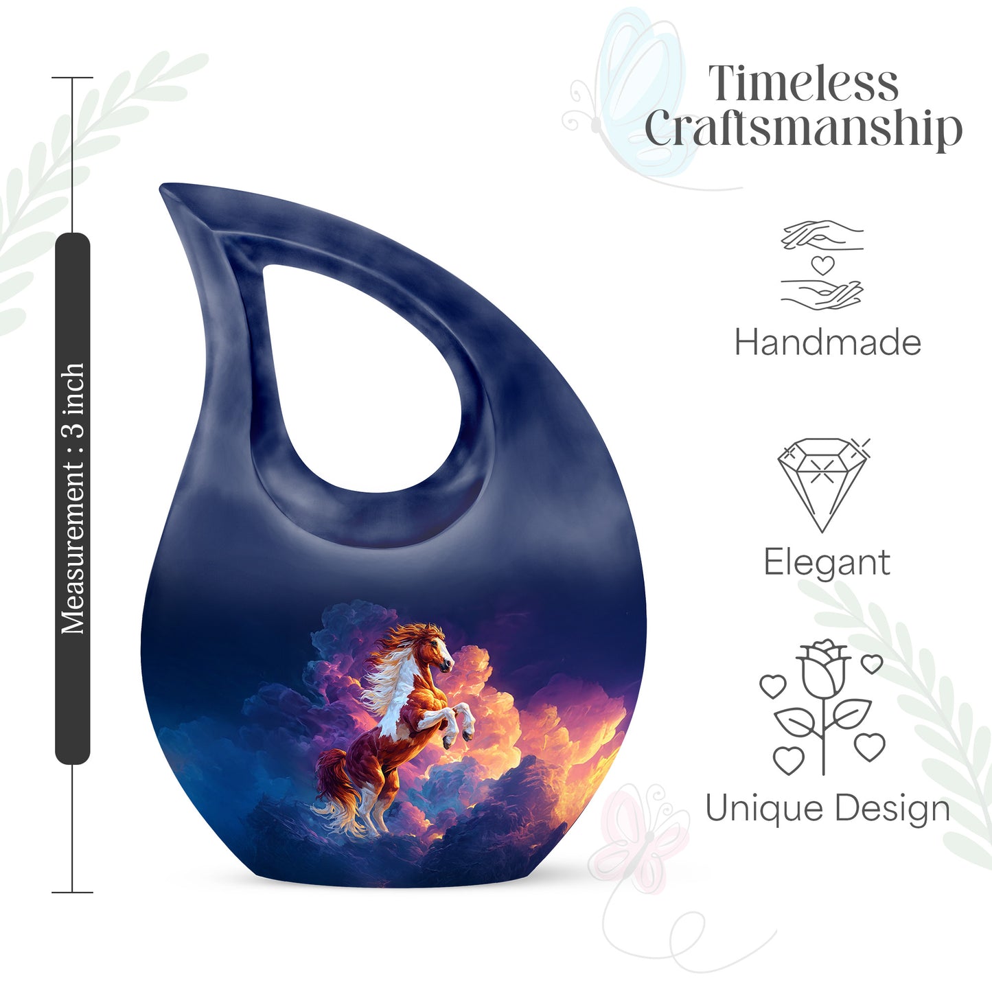 Pastel Blue Horse Cremation Urn back view with polished surface - cross and horse combined in spiritual memorial design - mini keepsake memorial for portion of cremation ashes