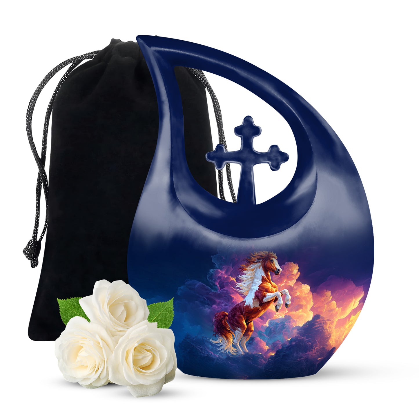 Celestial Blue Horse Cremation Urn top-down view of secure threaded lid - sacred cross merged with horse motif on metal - full-size 10 inch 200 cubic inch adult cremation urn
