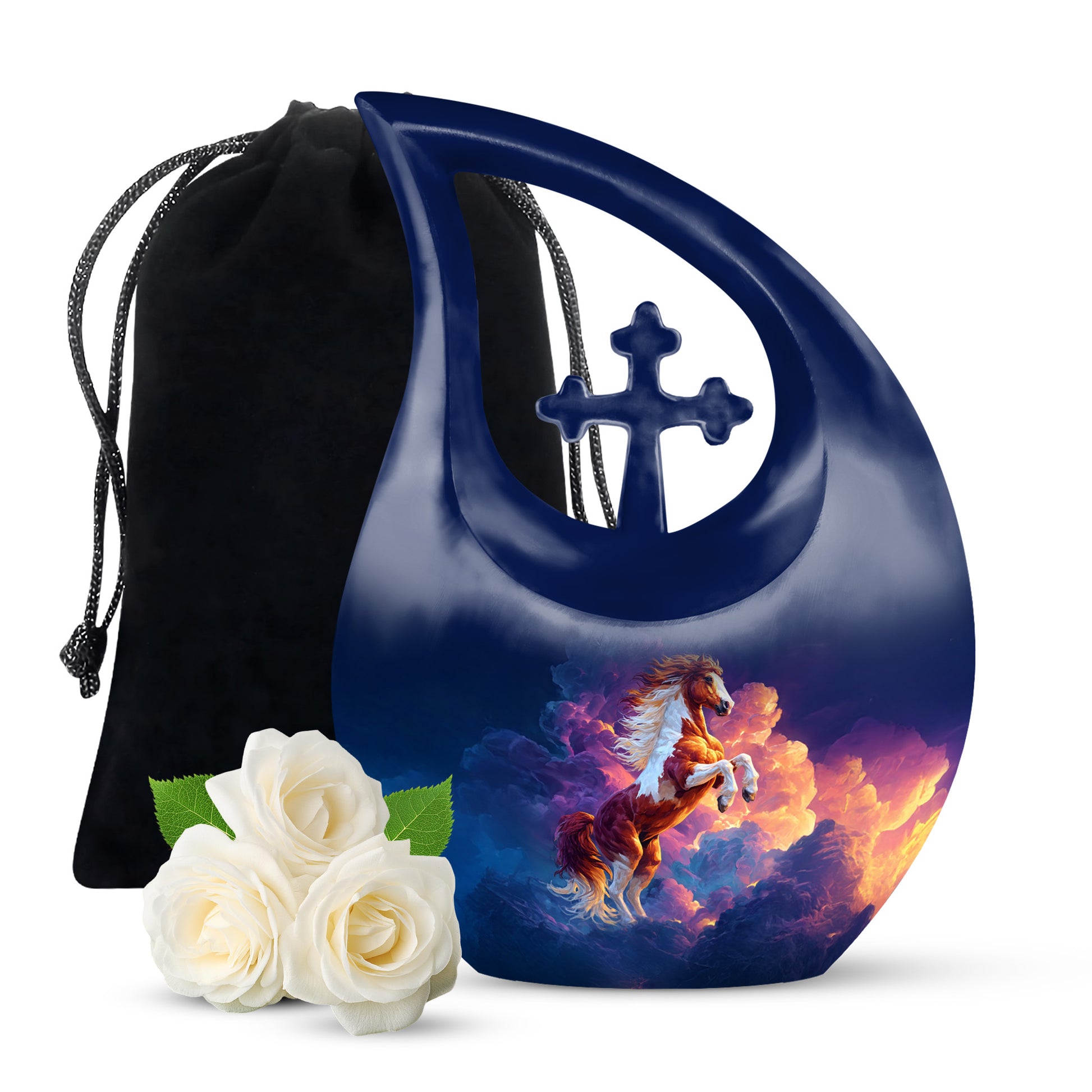 Celestial Blue Horse Cremation Urn top-down view of secure threaded lid - sacred cross merged with horse motif on metal - full-size 10 inch 200 cubic inch adult cremation urn